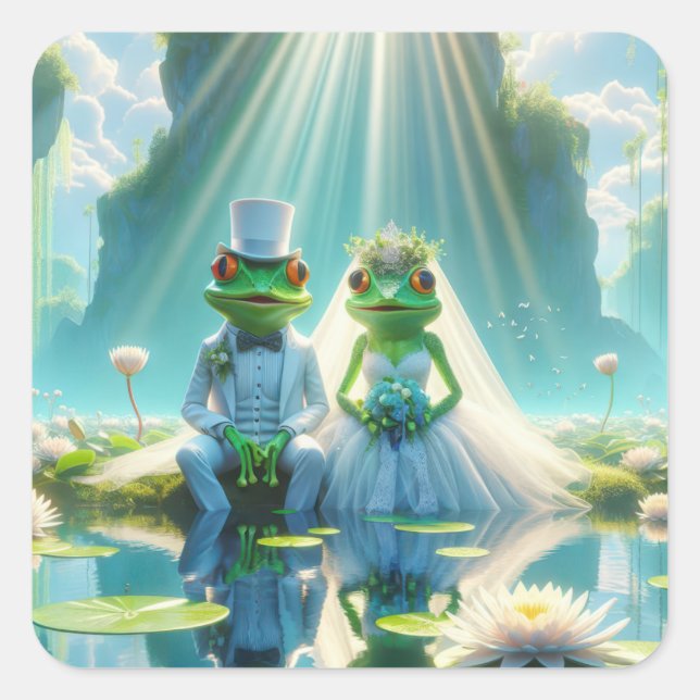 Bride and Groom Frogs On Lily Pad Square Sticker (Front)