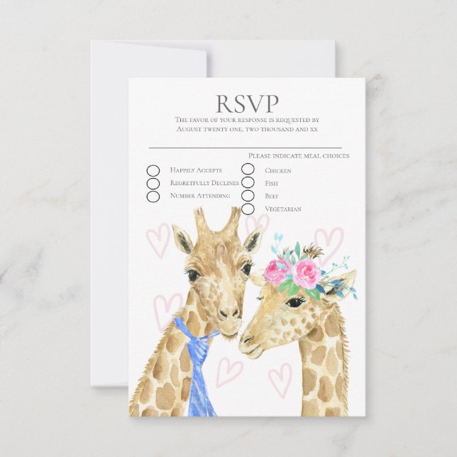 Bride and Groom Giraffe Wedding  RSVP Card (Front)