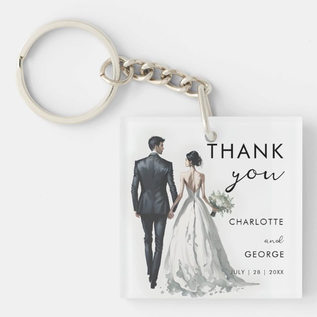Bride and Groom Illustration Wedding Favours Key Ring (Front)