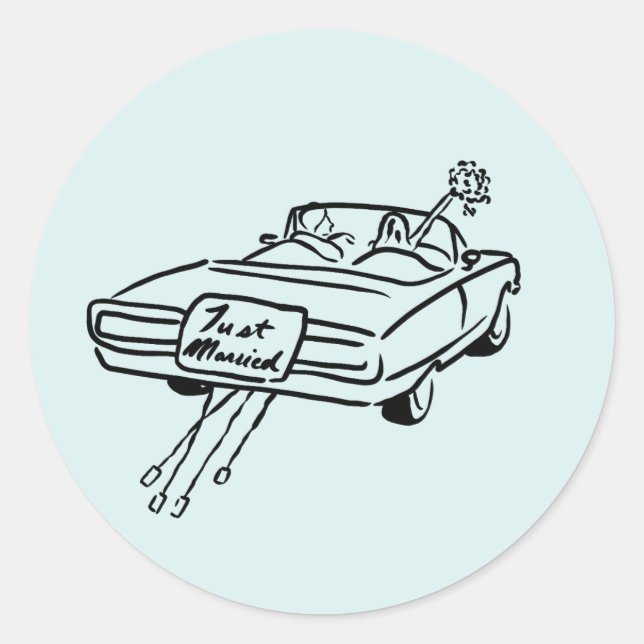 bride and groom in a just married car  classic round sticker (Front)