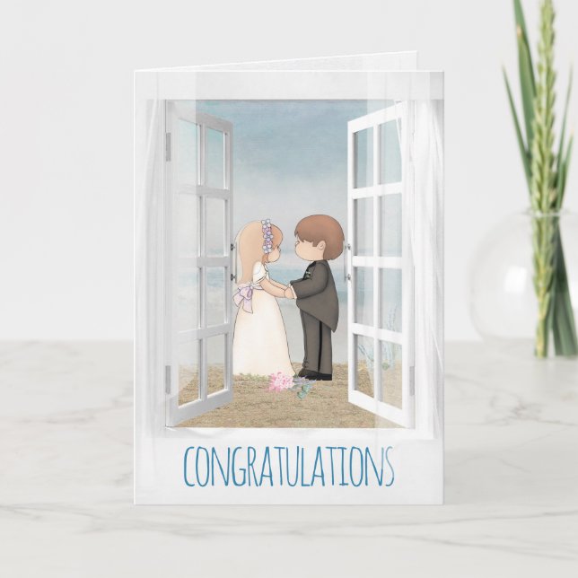 bride and groom in open window beach scene card (Front)