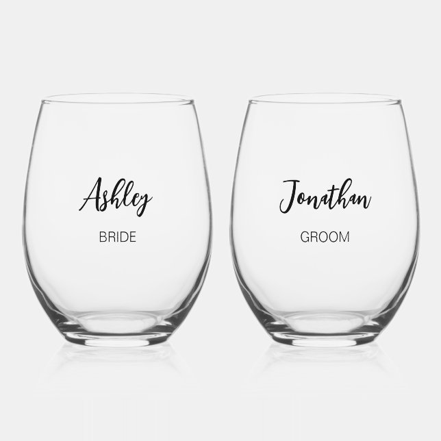 Bride and Groom Modern Stemless Wine Glass Set (Front)