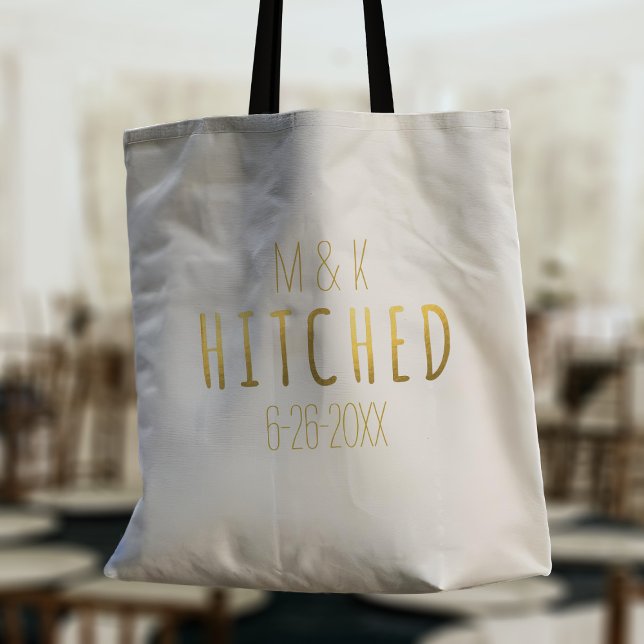 Bride and Groom Monogram Hitched Wedding Tote Bag (Add your initials and wedding date to this HITCHED wedding tote bag)