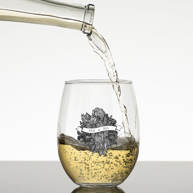 Bride and Groom Monogram Initials Black Roses Stemless Wine Glass (Creator Uploaded)