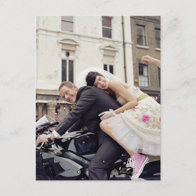 Bride and groom on motorbike, smiling, portrait postcard (Front)