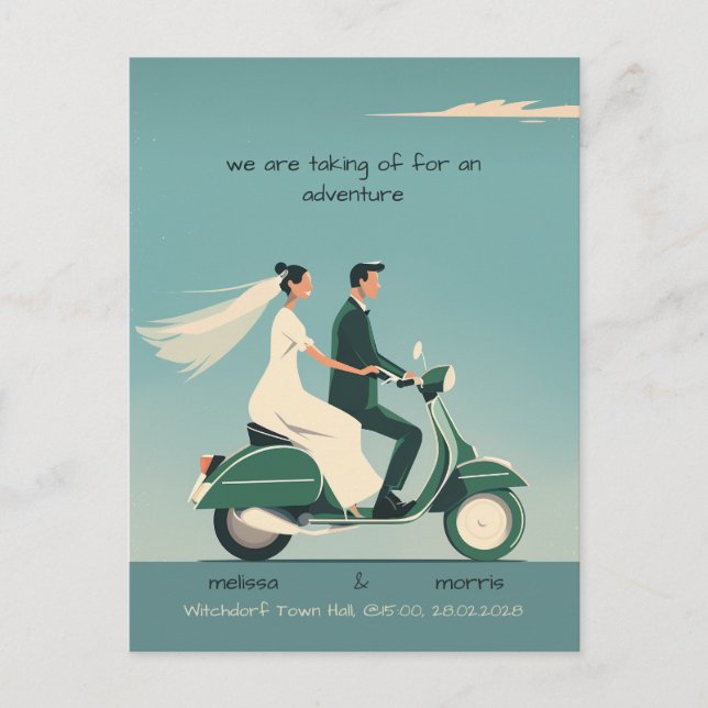 Bride and Groom on Motorcycle Postcard (Front)
