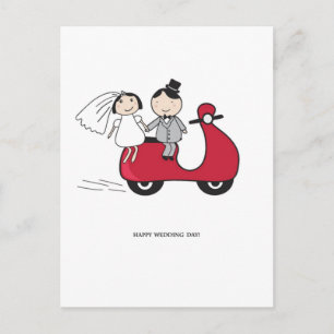 Bride and groom on the red scooter. Wedding card