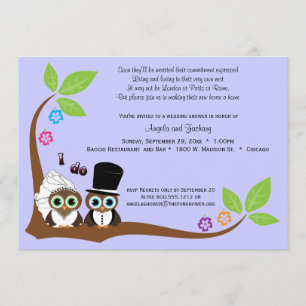 Bride And Groom Owls Lavender Background Shower Invitation