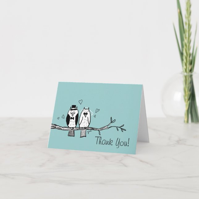 Bride and Groom Owls Thank You Note Card (Front)