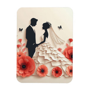 Bride and groom paper art with flowers magnet