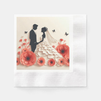 Bride and groom paper art with flowers napkin