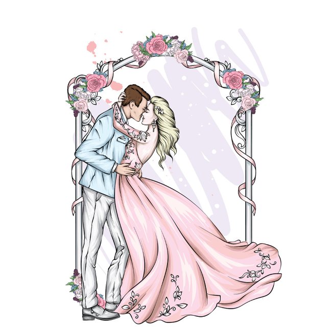 Bride and Groom Paper Napkins (Illustration of a wedding couple kissing under a floral arch.)