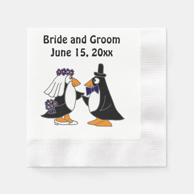 Bride and Groom Penguin Wedding Art Napkin (Front)