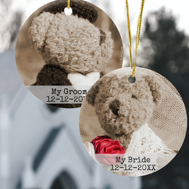 Bride and Groom Photo Typewriter Font Wedding Ceramic Tree Decoration (East to upload your wedding photos to this ceramic ornament. Makes a great first Christmas gift)
