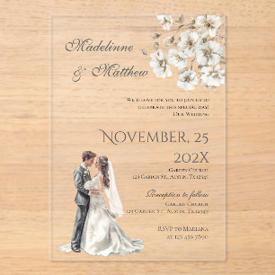 Bride and groom silhouet Floral Wedding Acrylic Invitations