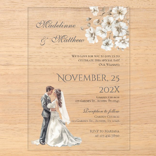 Bride and groom silhouet Floral Wedding Acrylic Invitations (Front)
