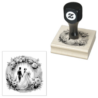 Bride and Groom silhouette Floral Wedding Rubber Stamp