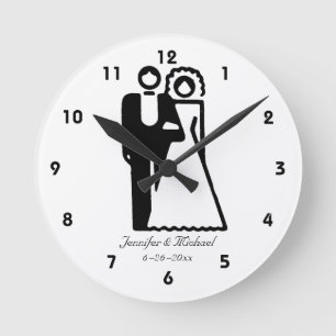 Bride And Groom Silhouettes Wedding Round Clock