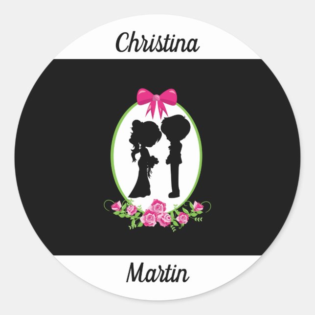 Bride and Groom Silhouettes with Names Classic Round Sticker (Front)