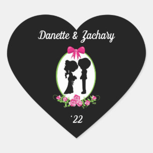Bride and Groom Silhouettes with Names Year Heart Sticker