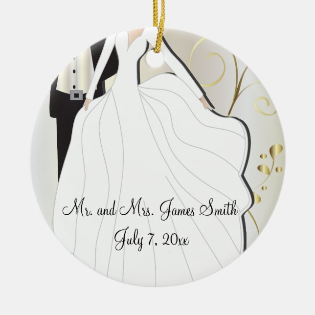 Bride and Groom Wedding Keepsake Ceramic Tree Decoration (Front)