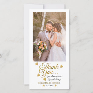 Bride And Groom Wedding Photo Gold Script Thank You Card