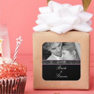 Bride and Groom Wedding Pink Trim With Your Photo Square Sticker