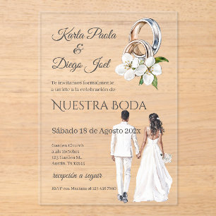 Bride and groom wedding with rings in Spanish Acrylic Invitations