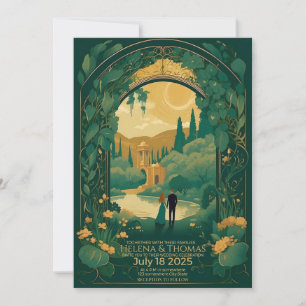 Bride and groom with brown hair invitation