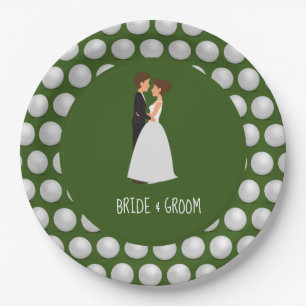 Bride and Groom with Golf ball on green Wedding  Paper Plate