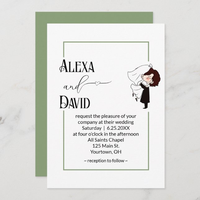 Bride and Groom with Sage Green Border Invitation (Front/Back)