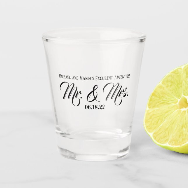 Bride and Groom's Excellent Adventure Wedding Shot Glass (Front)