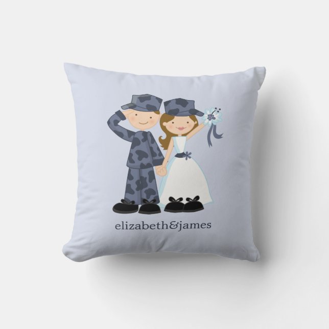 Bride and Soldier in Blue Camouflage Wedding Cushion (Front)