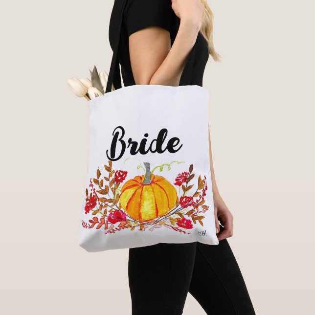 Bride Autumn Pumpkin Floral Fall Wedding Tote Bag (Close Up)