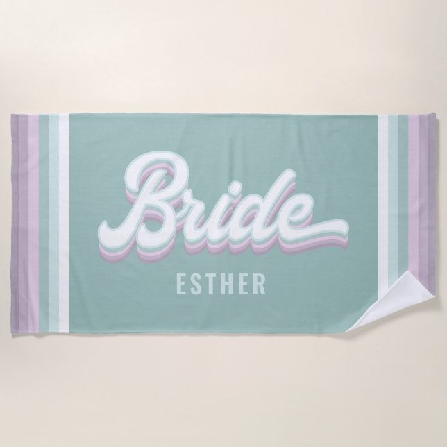 Bride bachelorette wedding funky retro 80's pastel beach towel (Front)