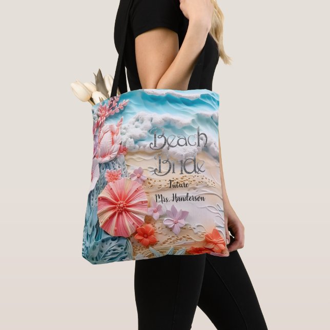 Bride beach bridal party ocean blue personalised tote bag (Close Up)