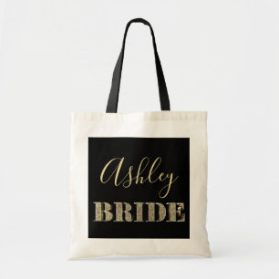 Bride Black and Gold Glitter Typography Chic Name Tote Bag