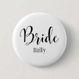 Bride Black Script Typography with Name (30) 6 Cm Round Badge