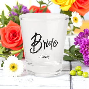 Bride Black White Script Wedding Shot Glass