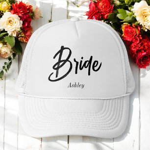 Bride Black White Script Wedding Trucker Hat