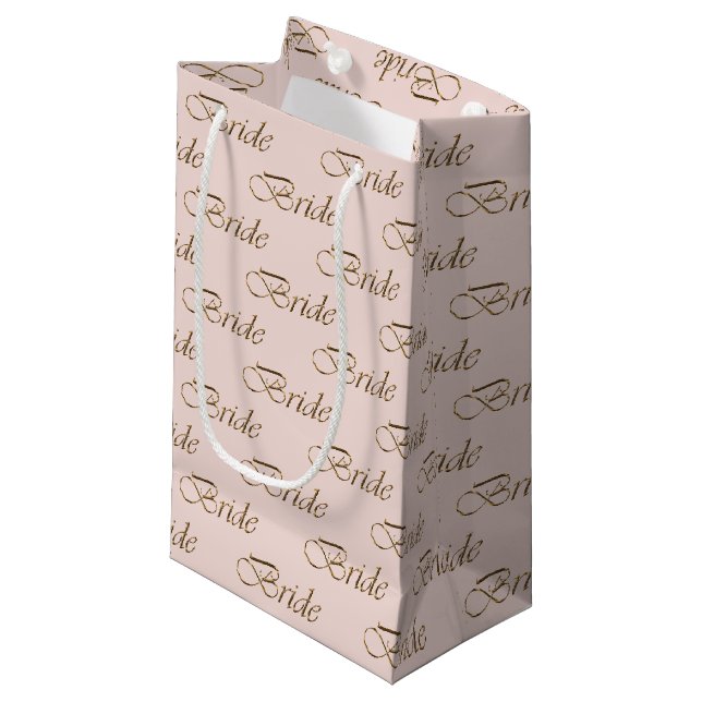 Bride blush pink gold elegant calligraphy pattern small gift bag (Front Angled)
