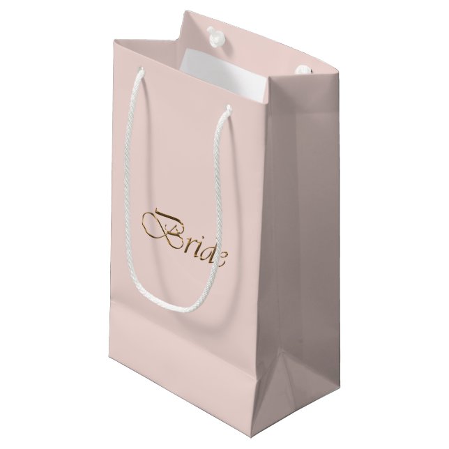 Bride blush pink gold script elegant chic wedding small gift bag (Front Angled)
