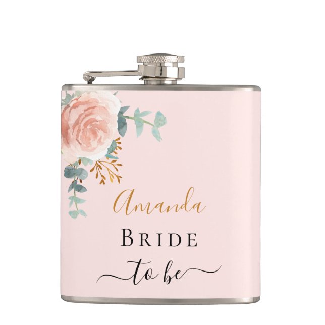 Bride blush rose floral eucalyptus bachelorette hip flask (Front)
