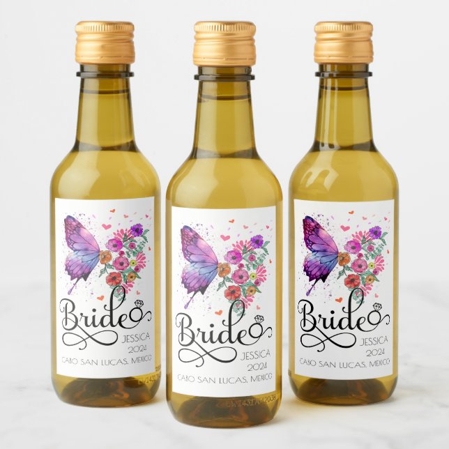 Bride boho Floral Butterfly Name Mini Wine Label (Bottles)