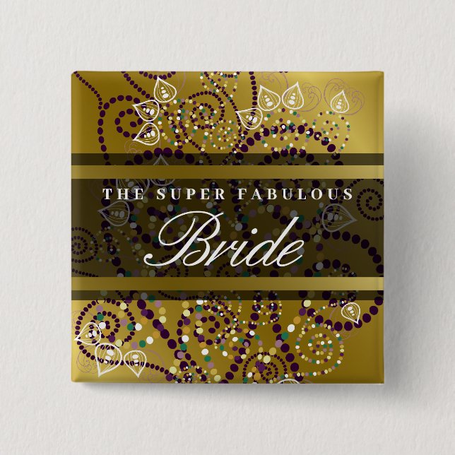 BRIDE Boho Purple Spirals Gold Wedding Button (Front)