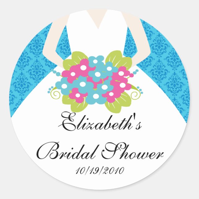 Bride Bridal Shower Sticker Seal Damask Blue (Front)