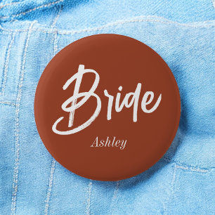 Bride Brown Wedding Terracotta Script   6 Cm Round Badge