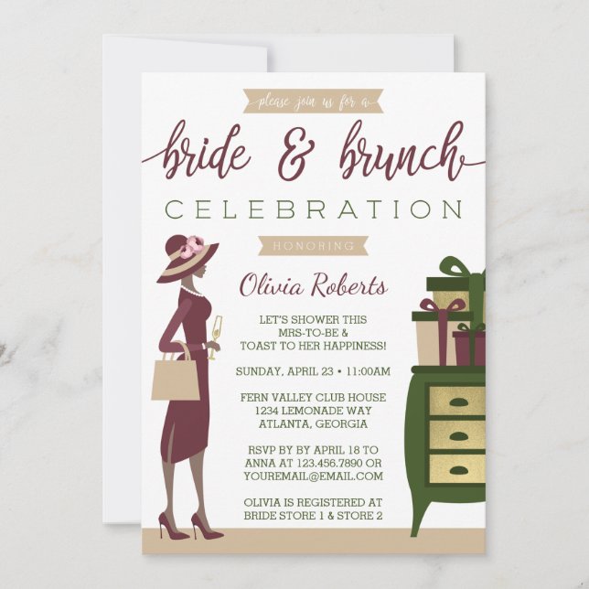 Bride & Brunch Shower Invitation, Burgundy, Green Invitation (Front)