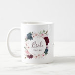 Bride Burgundy & Navy Rose Watercolor Wreath Coffee Mug<br><div class="desc">Send a beautiful personalised gift for the bride that she’ll cherish for years to come with our elegant burgundy and navy rose watercolor rose custom name mug. The design features our painted elegant watercolor flowers. A Beautiful floral arrangement of red burgundy, deep blues and blush pinks flowers with accents of...</div>