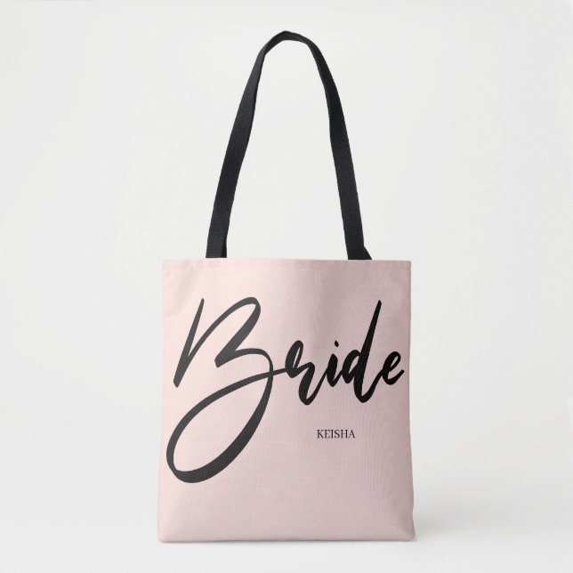 Bride Chic Blush Pink and Black Handwriting Tote Bag (Front)